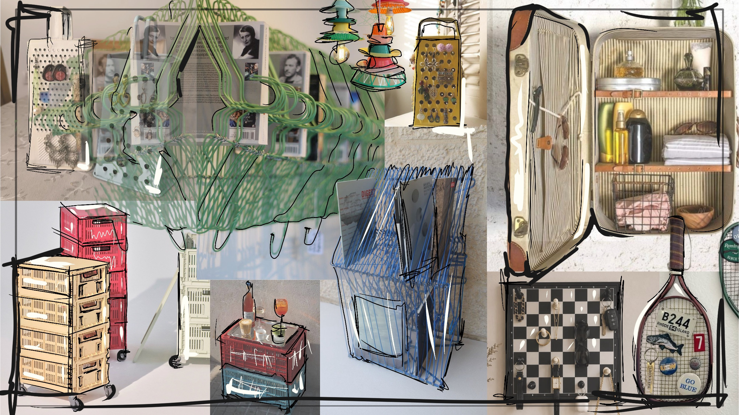 REMADE inspiration collage with colorful hangers, crates, suitcase storage and sketched outlines